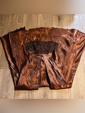 Beautiful Copper Satin Slip Prom Dress with Beaded Black Lace Bodice